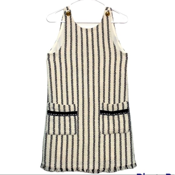 Zara TRF Collection Pinafore Tweed Fringe Striped Mini Shift Dress Size Small/4 - Picture 3 of 7